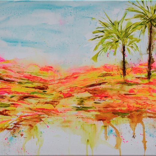 Original abstract landscape painting featuring super blooms and palm trees on canvas 16" x 20"