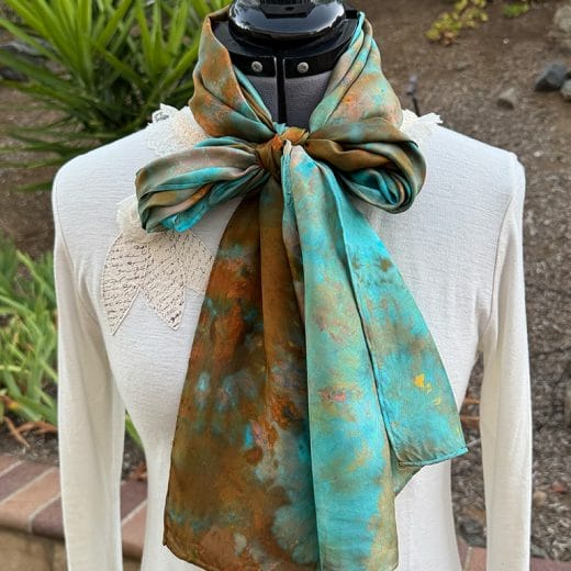 Women's wearable art turquoise and copper hand iced dyed silk scarf