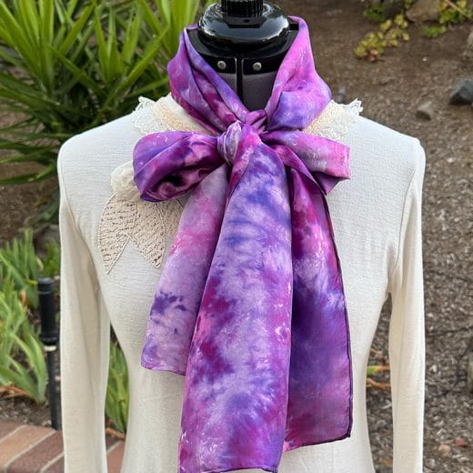 Women's wearable art unique hand ice dyed purple silk scarf