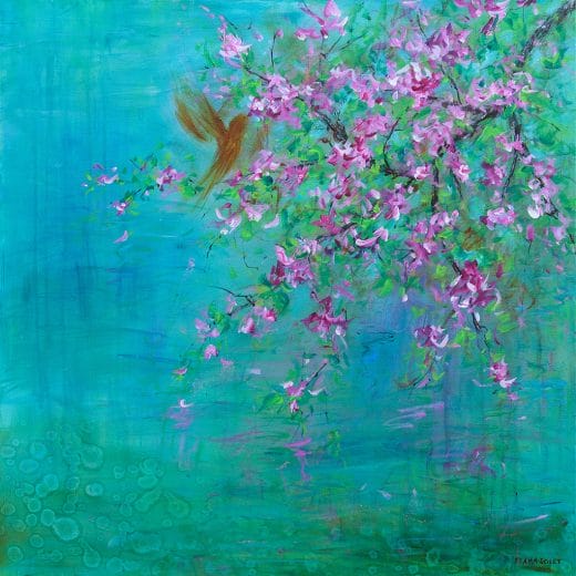 Contemporary impressionist landscape painting of a cherry tree blossoms over a pond featuring a bird on canvas size 24" x 24"