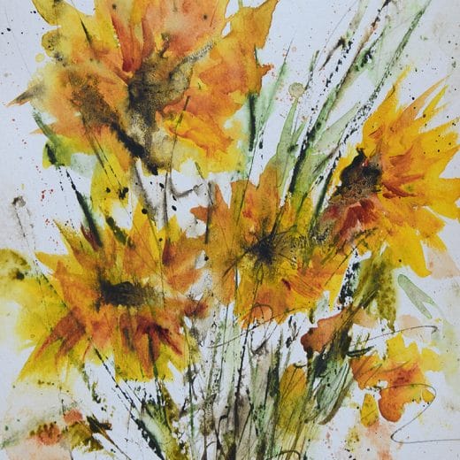 Original loose floral watercolor painting of a sunflower bouquet