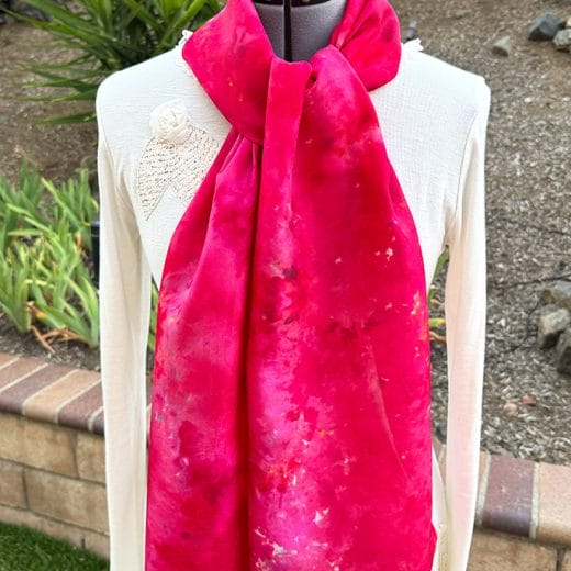 Women's wearable art hand ice dyed red and pink silk scarf