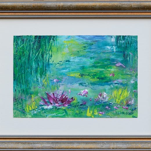 Small original contemporary impressionist oil painting of a waterlily pond.