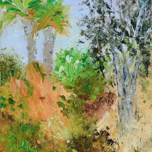 Impressionist oil painting of a California landscape with palm trees and eucalyptus on panel size 8" x 10"