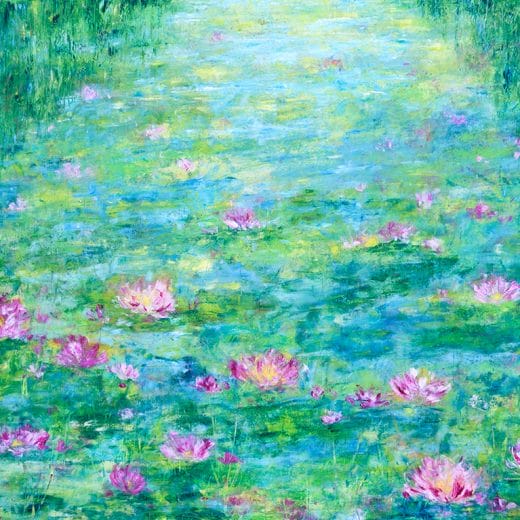 Original modern impressionist oil and cold wax painting of a waterlily pond on wood panel size 30" x 40"