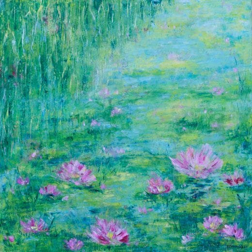 Original modern impressionist oil and cold wax painting of a waterlily pond painted on wood panel 20" x 20"
