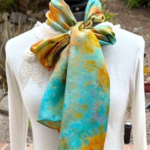 Women's wearable art turquoise and amber hand dyed silk scarf