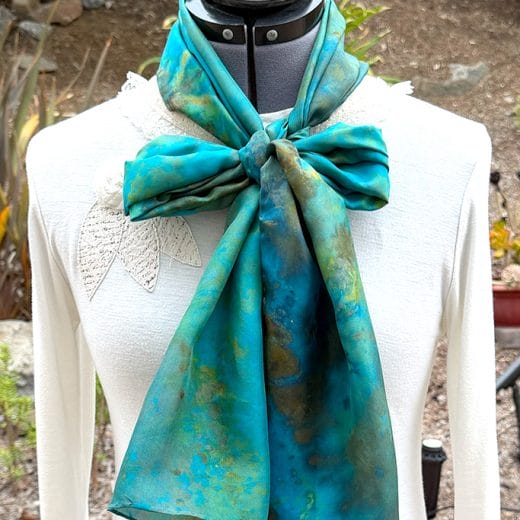 Green turquoise and copper hand dyed silk scarf