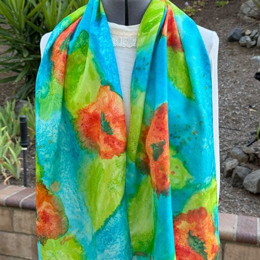 Women's wearable art silk scarf hand painted with California poppies