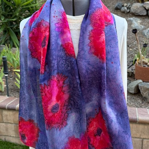 Women's purple , red and pink wearable art silk scarf hand painted with large flowers