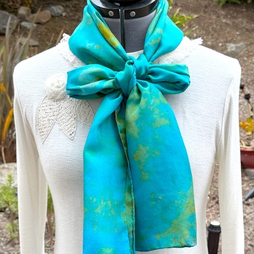 Women's wearable art turquoise and green hand ice dyed silk scarf