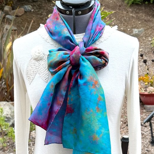 Women's colorful unique hand ice dyed silk scarf, wearable art fashion