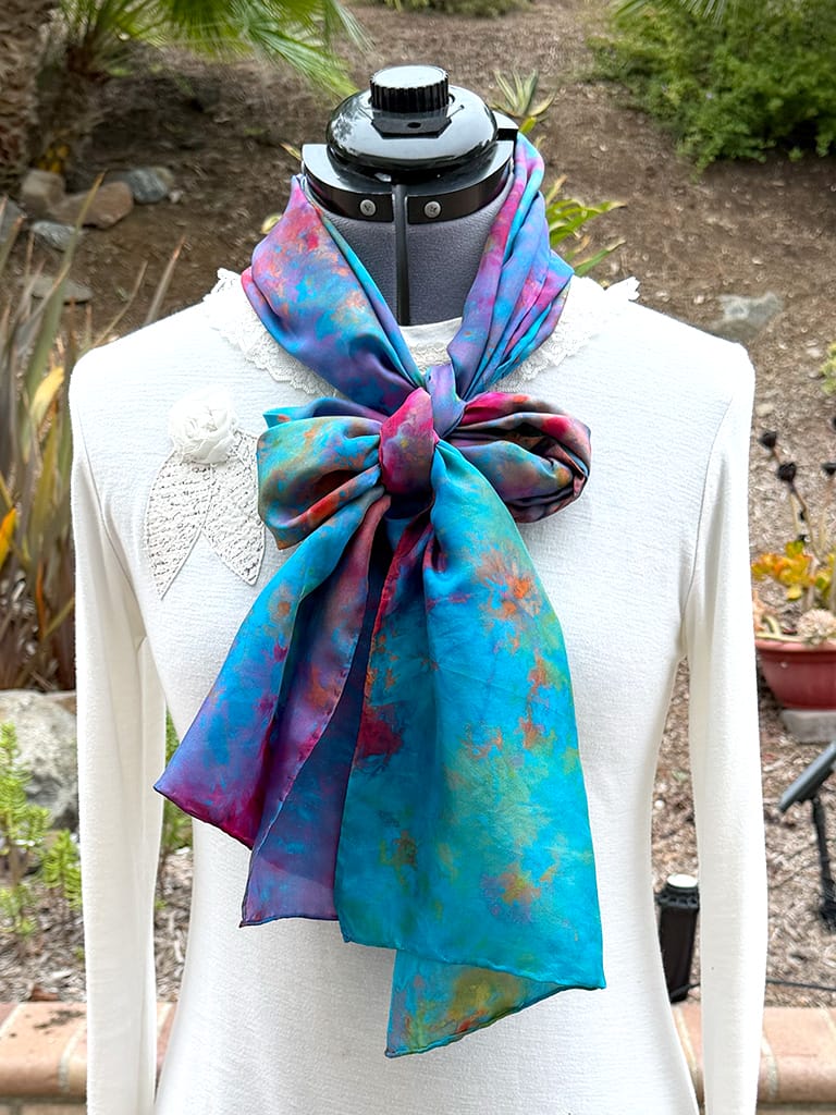 Women's colorful unique hand ice dyed silk scarf, wearable art fashion