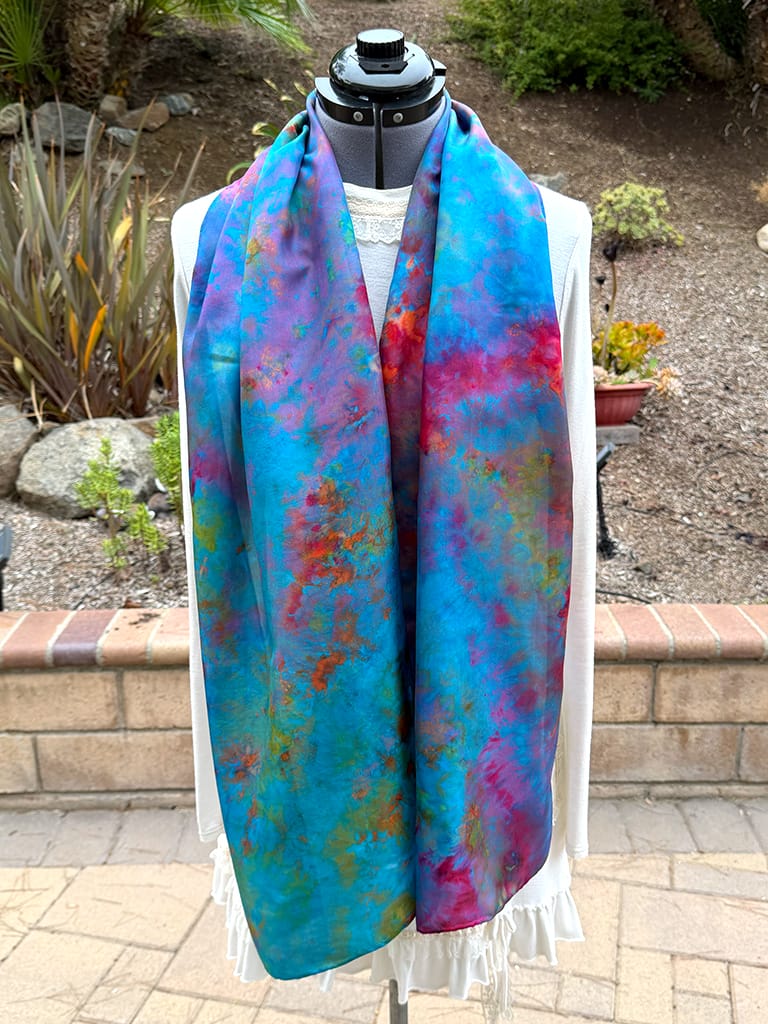 Women's colorful unique hand ice dyed silk scarf, wearable art fashion