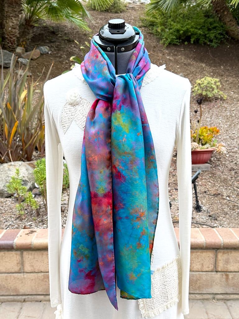 Women's colorful unique hand ice dyed silk scarf, wearable art fashion