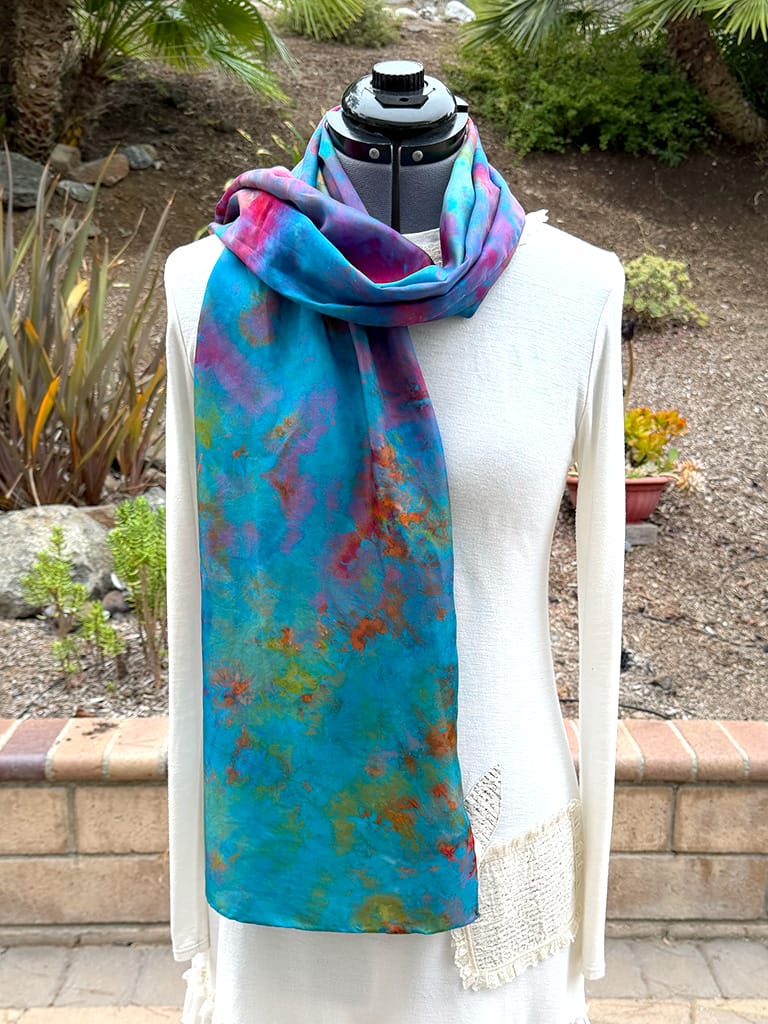 Women's colorful unique hand ice dyed silk scarf, wearable art fashion