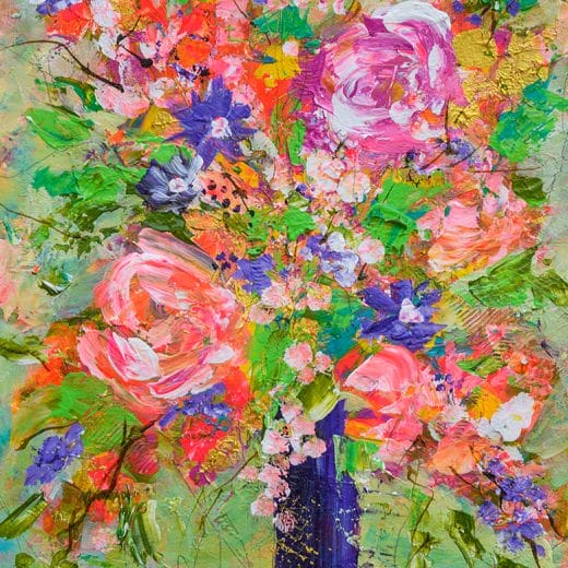Vibrant coral, green and purple bouquet of flower painting on paper size 8" x 10