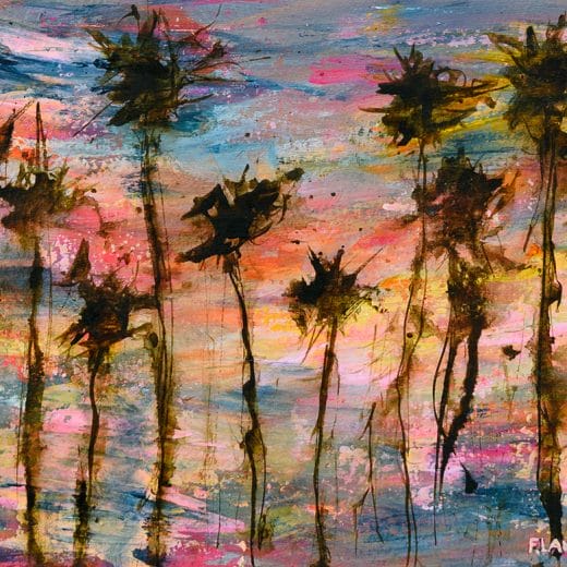 Small original expressive acrylic painting of a sunset over palm trees painted on paper size 8" x 10"