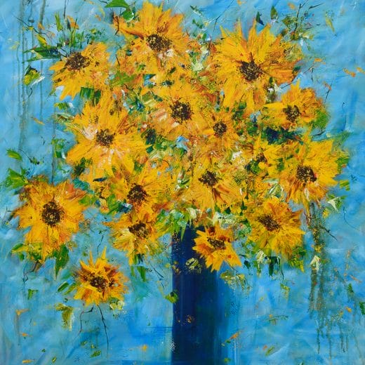 Large original contemporary impressionist painting of a sunflower bouquet on a blue background size 36" x 36"