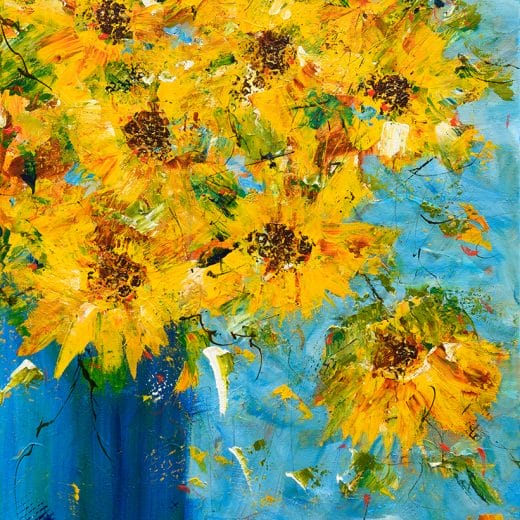 Original contemporary impressionist painting of a sunflower bouquet in a blue vase on canvas size 16" x 20"