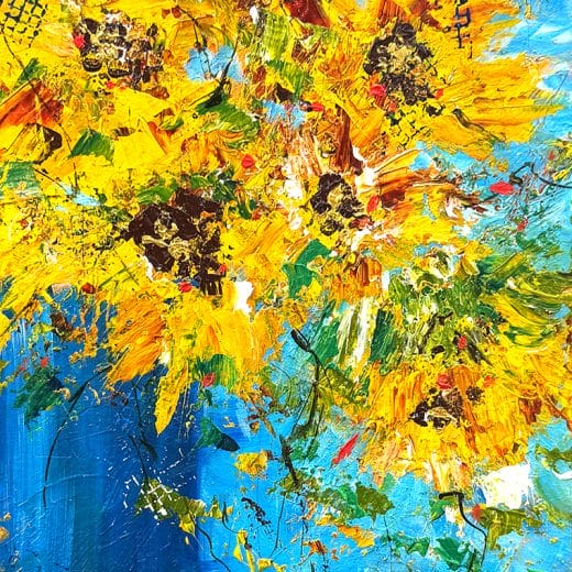 Original acrylic impressionist painting of a sunflower bouquet in a blue vase on paper size 8" x 10"