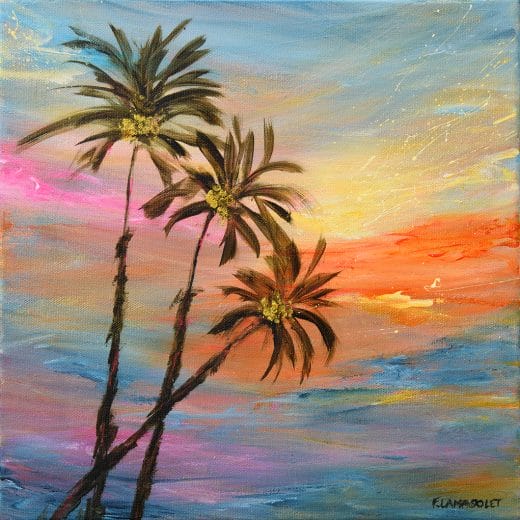 Vibrant original acrylic painting of a sunset with palm trees on canvas size 12" x 12"