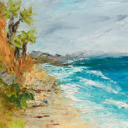 Vibrant original oil in plein air painting featuring the Southern California coast, on linen panel size 9" x 12"