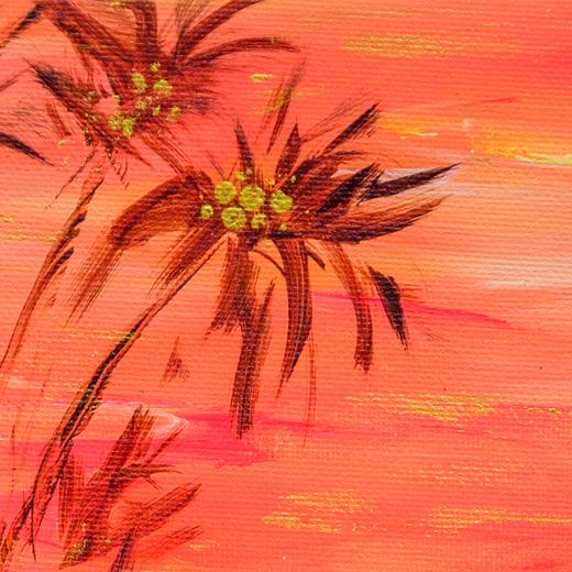 Small original acrylic painting of a sunset on palm trees painted on canvas panel 6" x 4"