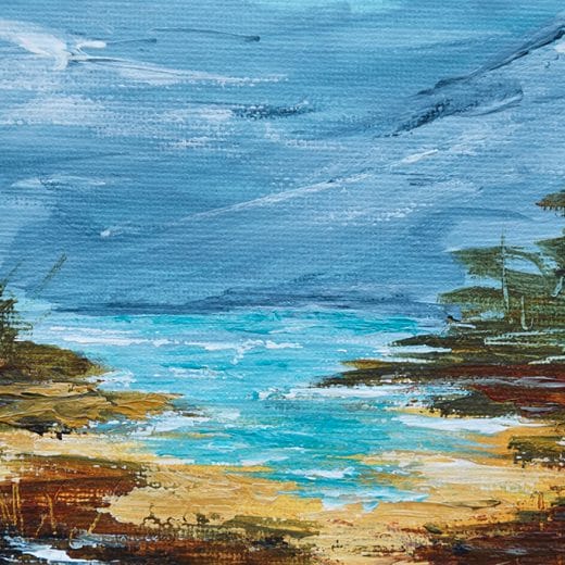 Small acrylic landscape painting of a beach on panel size 4" x 6"
