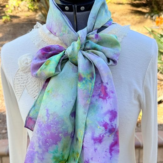 Unique Women's lavender and green hand iced dyed luxurious silk scarf