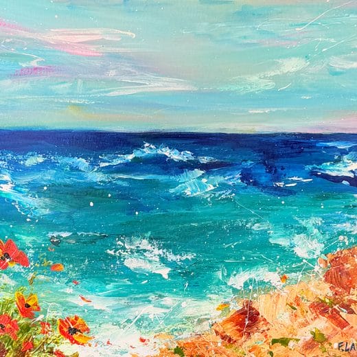 Vibrant original acrylic seascape painting featuring the California coast on paper size 8" x 10"