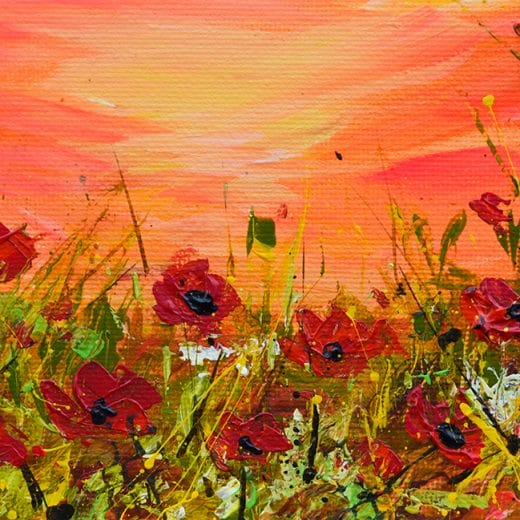 Small original vibrant landscape painting of a sunset over a poppy field on panel size 4" x 6"