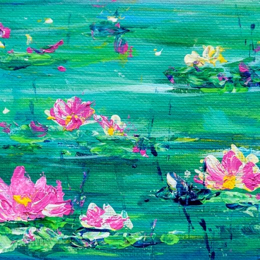 Small original painting of a vibrant waterlily pond painting on pane size 4" x 6"