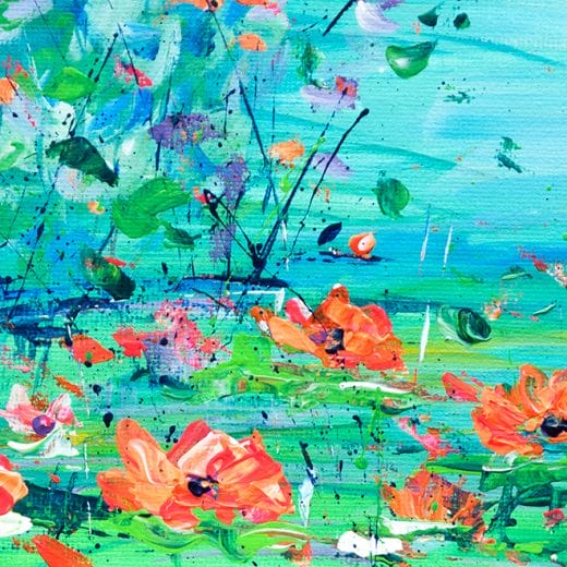 Vibrant original landscape painting of a waterlily pond on panel size 4" x 6"
