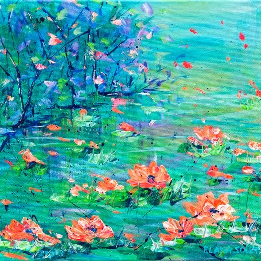 Small vibrant original painting of a waterlily pond on canvas size 8" x 8"