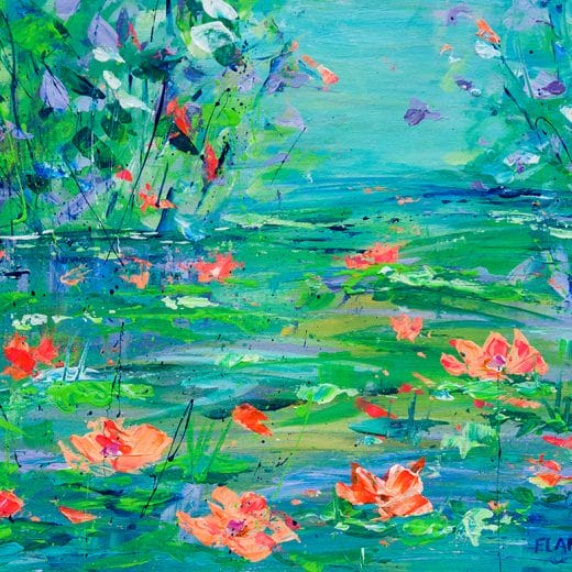 Colorful impressionist landscape painting of a waterlily pond on paper size 8" x 10"