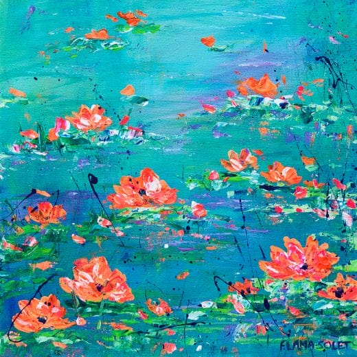 Small vibrant original impressionist painting of a waterlily pond on canvas size 8" x 8"