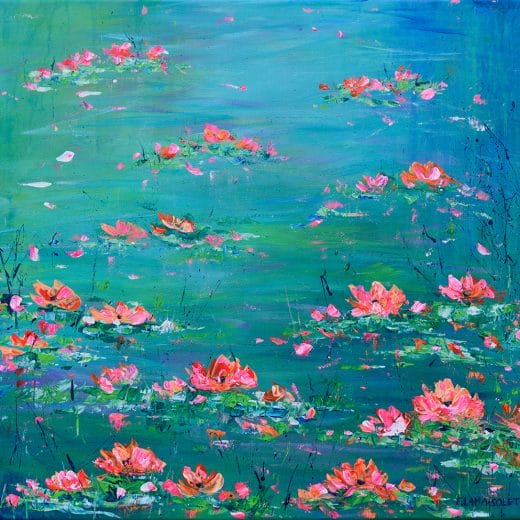 Vibrant original acrylic impressionist landscape painting of a waterlily pond on canvas size 16" x 16"