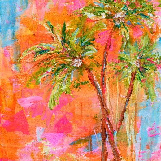 Vibrant acrylic painting of palm trees on a sunset sky on paper size 8" x 10"