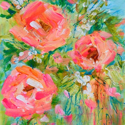Original acrylic floral painting of coral and pink roses on paper size 8" x 10"