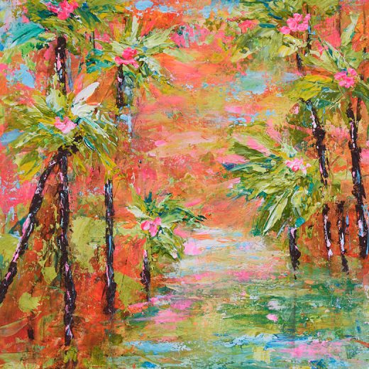 Vibrant acrylic landscape painting of a sunset and palm trees on a river painted on paper size 8" x 10"